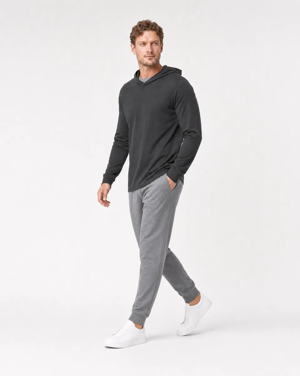 StringKing Men's StayCool Hoodie - Relaxed Fit, Black, Full Front Angle - Human Model