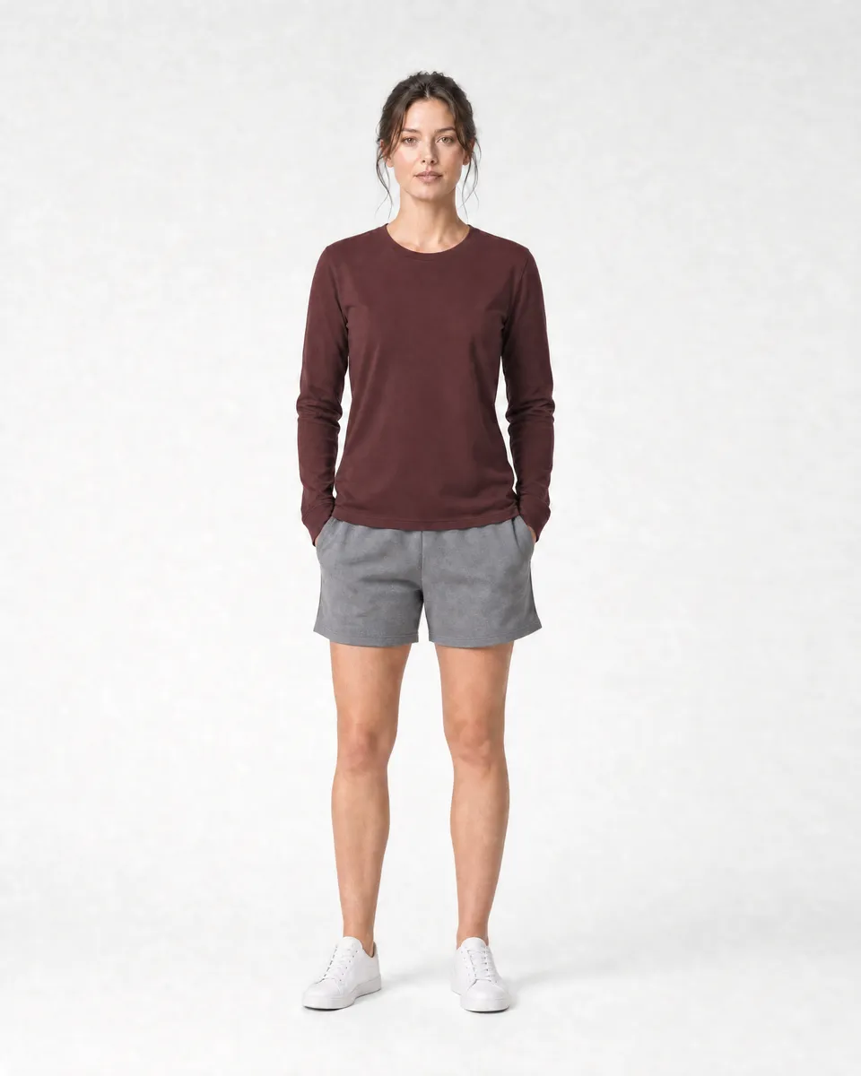 StringKing Women's Pima Jersey Long Sleeve Tee - Sharp Fit, New Maroon, Full Front - Human Model