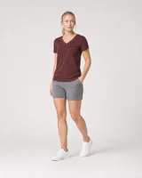 StringKing Women's Pima Jersey V-Neck Tee - Sharp Fit, New Maroon, Full Front Angle - Human Model