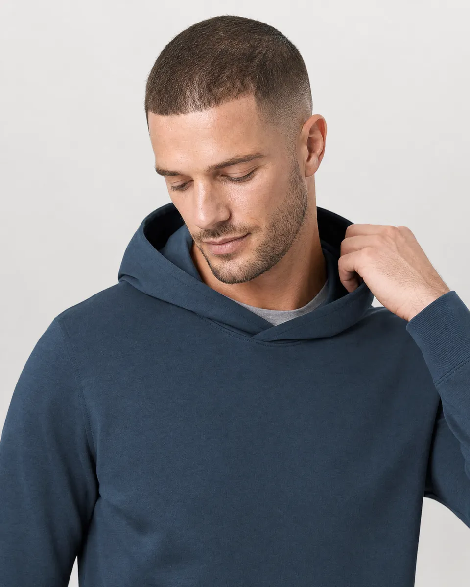 StringKing Men's Pima Terry Hoodie - Sharp Fit, Navy, Collar Shoulder - Human Model