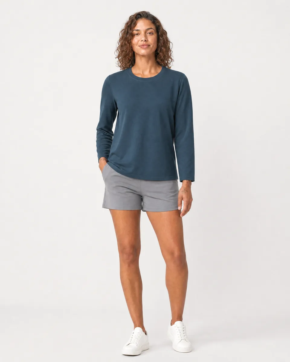 StringKing Women's Pima Terry Long Sleeve Tee - Relaxed Fit, Navy, Full Front - Human Model - Top of head to Knees