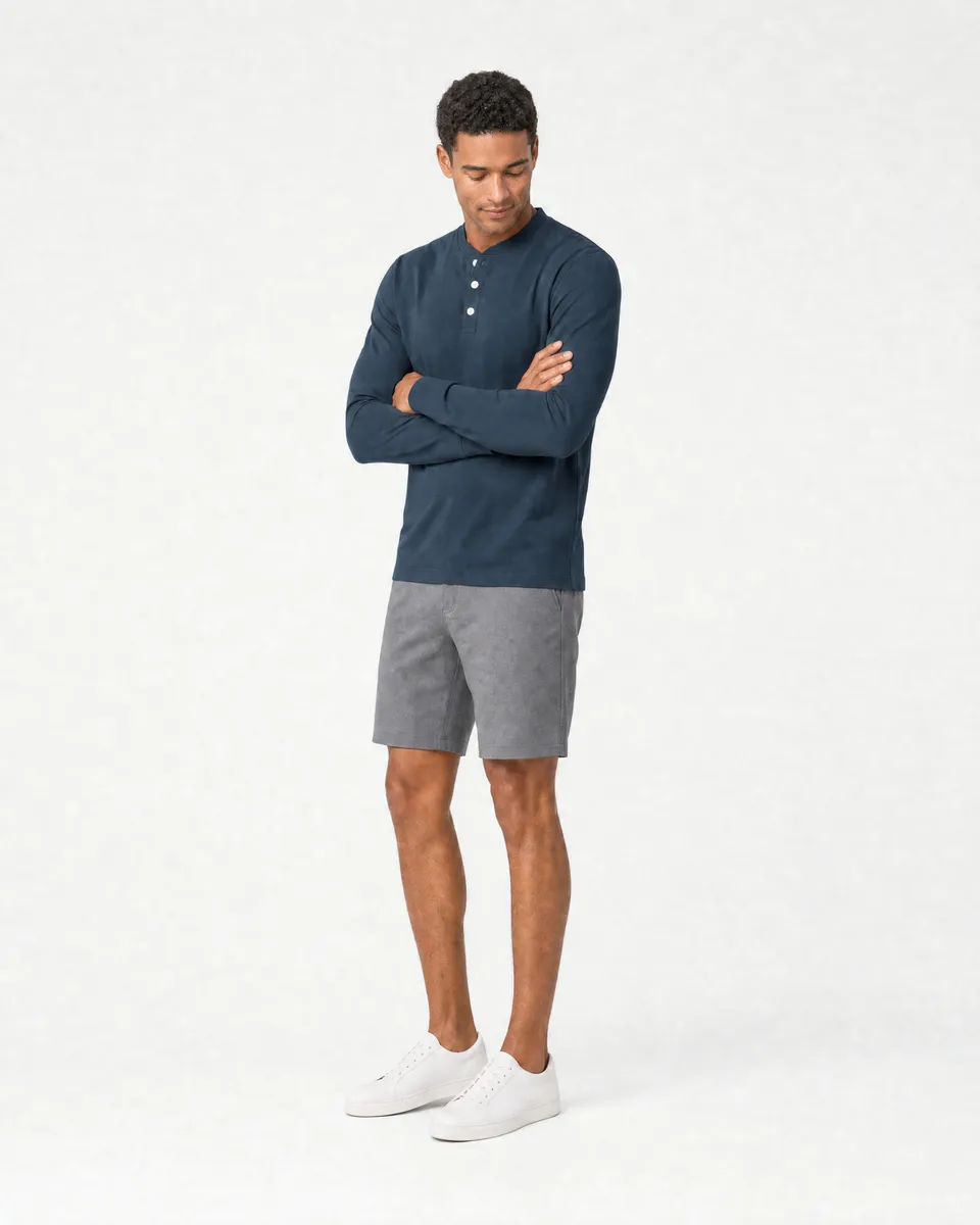 StringKing Men's Pima Jersey Henley - Sharp Fit, Navy, Full Front Angle - Human Model