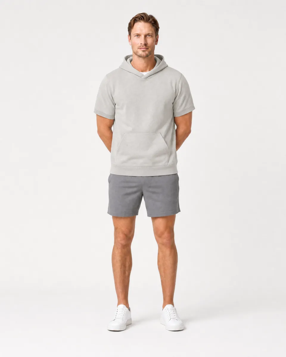 StringKing Men's Pima Terry Short Sleeve Hoodie - Relaxed Fit, Moonstruck, Full Front - Human Model - Top of head to Knees