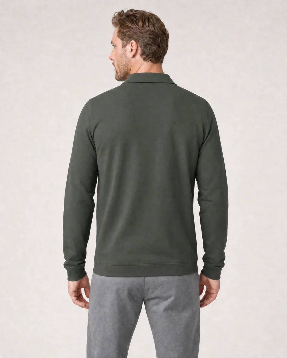 StringKing Men's Pima Terry Long Sleeve Polo - Sharp Fit, Moss, Full Back - Human Model - Top of head to Mid-thigh