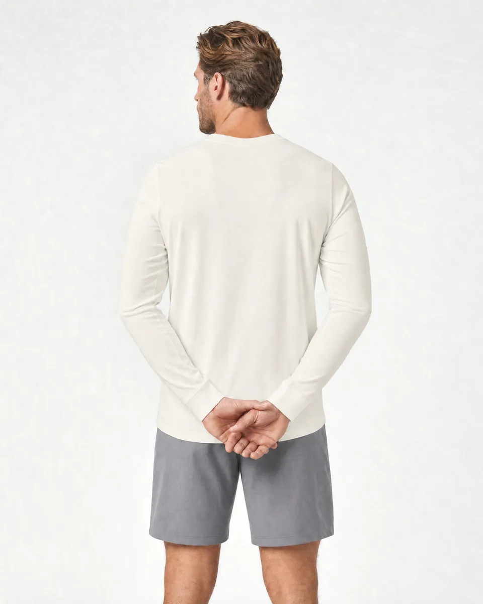 StringKing Men's Pima Jersey Long Sleeve V-Neck Tee - Sharp Fit, Tofu, Full Back - Human Model - Top of head to Mid-thigh