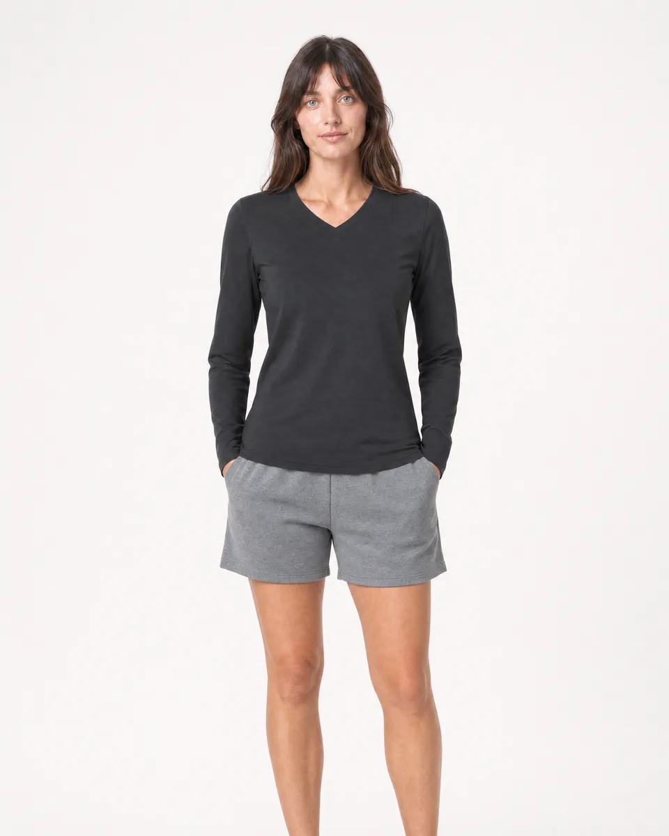 StringKing Women's Pima Jersey Long Sleeve V-Neck Tee - Sharp Fit, Black, Full Front - Human Model - Top of head to Knees