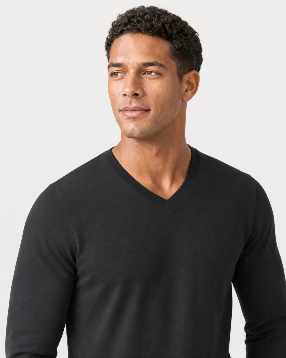 StringKing Men's Pima Terry Long Sleeve V-Neck Tee - Sharp Fit, Black, Collar Shoulder - Human Model