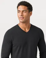 StringKing Men's Pima Terry Long Sleeve V-Neck Tee - Sharp Fit, Black, Collar Shoulder - Human Model