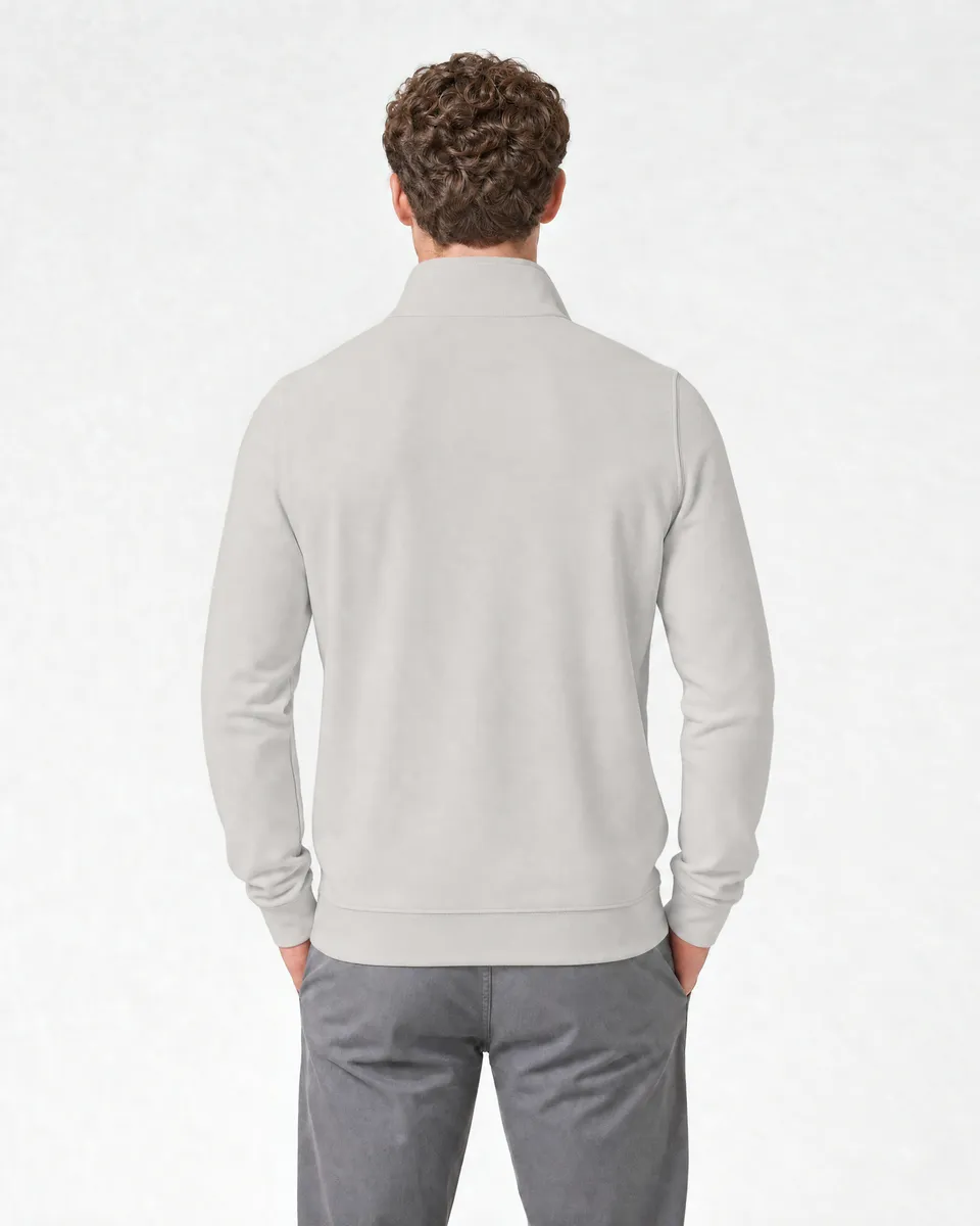 StringKing Men's Pima Terry Quarter Zip - Relaxed Fit, Moonstruck, Full Back - Human Model - Top of head to Mid-thigh