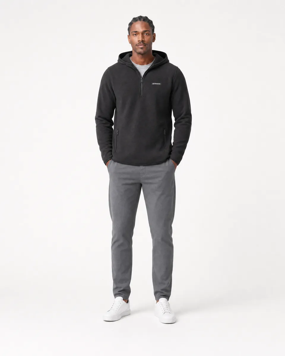 StringKing Men's Polartec Fleece Quarter Zip Hoodie with Pockets - Relaxed Fit, Meteorite, Full Front - Human Model