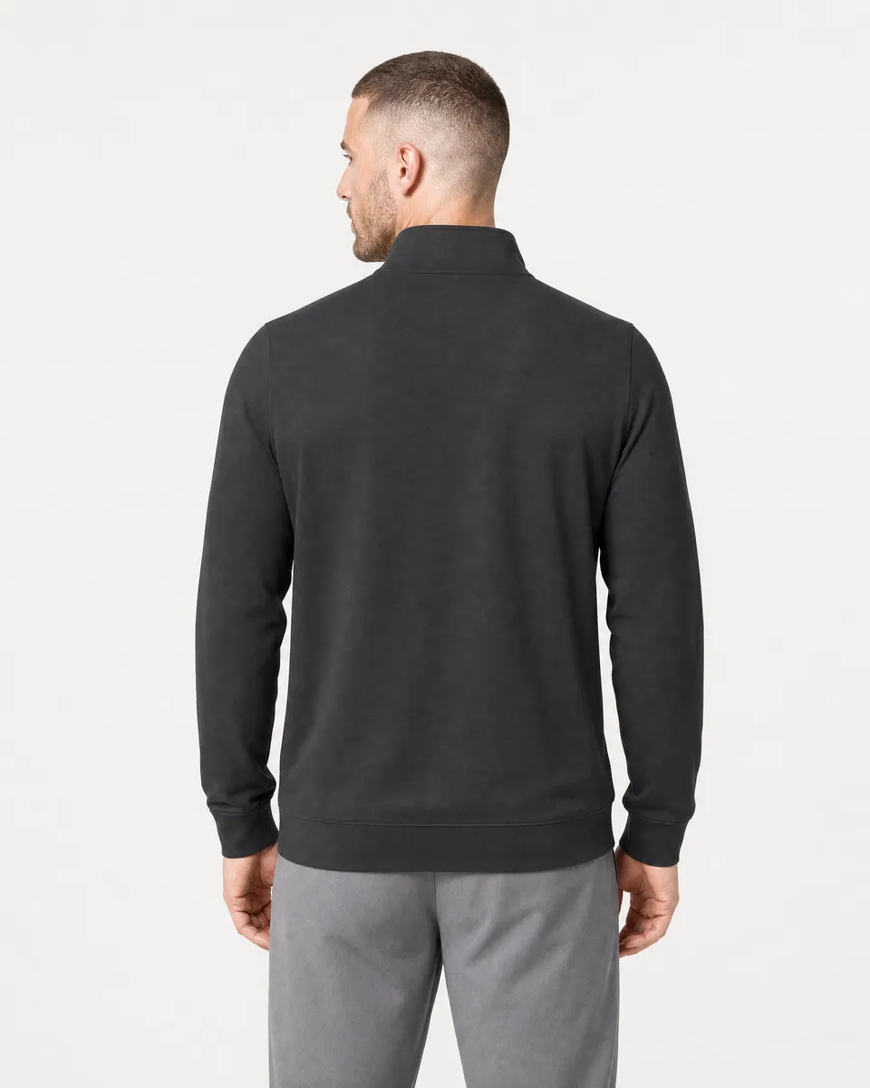StringKing Men's StayWarm Quarter Zip - Relaxed Fit, Black, Full Back - Human Model - Top of head to Mid-thigh