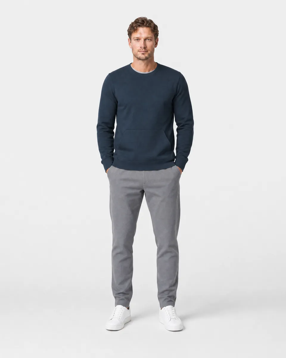 StringKing Men's Pima Terry Crew Sweatshirt - Sharp Fit, Navy, Full Front - Human Model