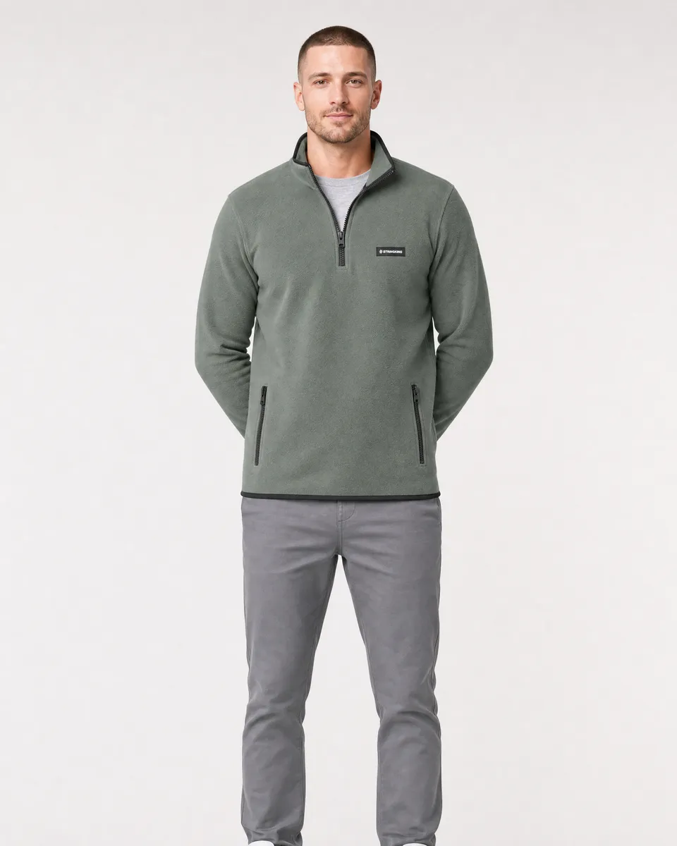 StringKing Men's Polartec Fleece Quarter Zip with Pockets - Sharp Fit, Avenue Green, Full Front - Human Model - Top of head to Knees
