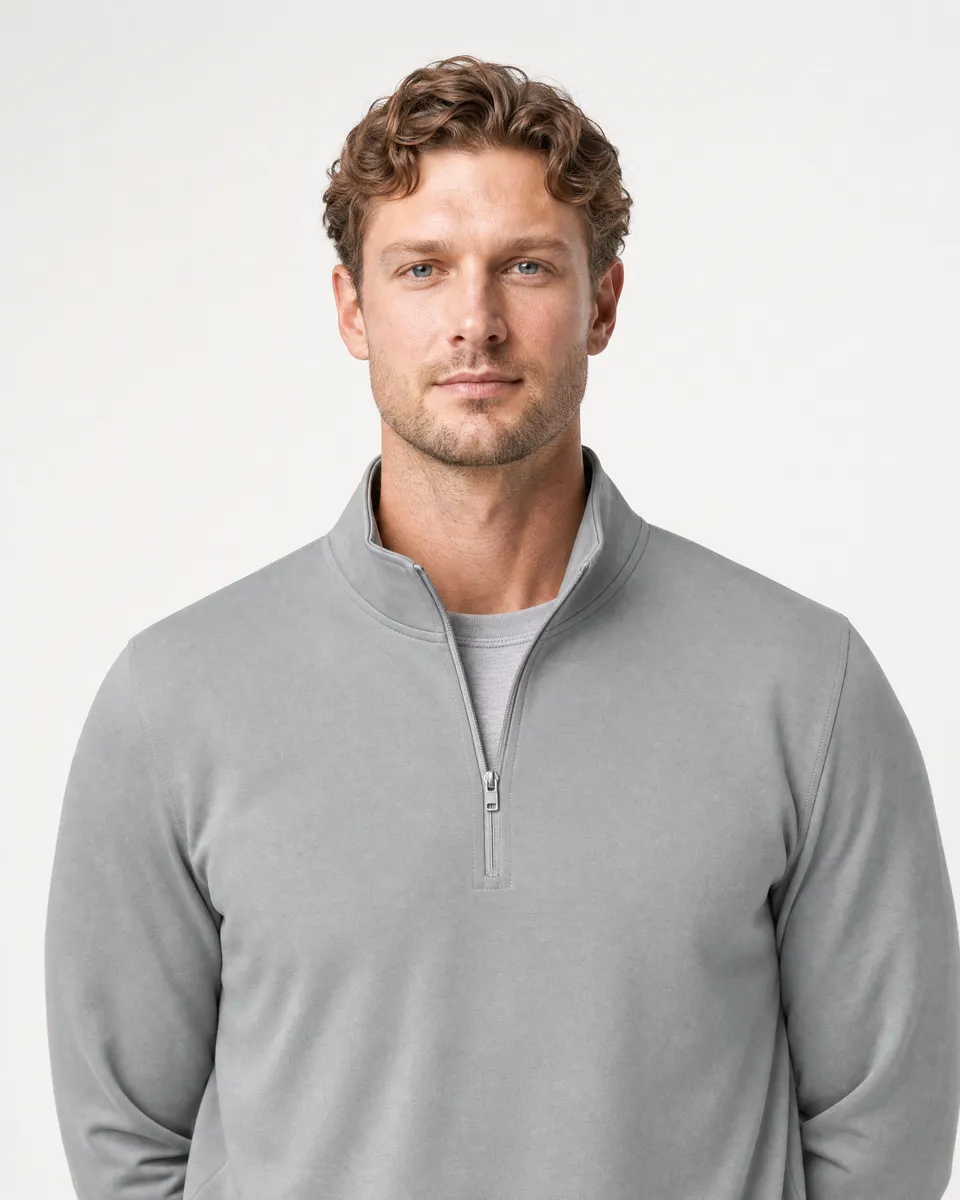 StringKing Men's StayCool Quarter Zip - Relaxed Fit, Gray, Collar Shoulder - Human Model