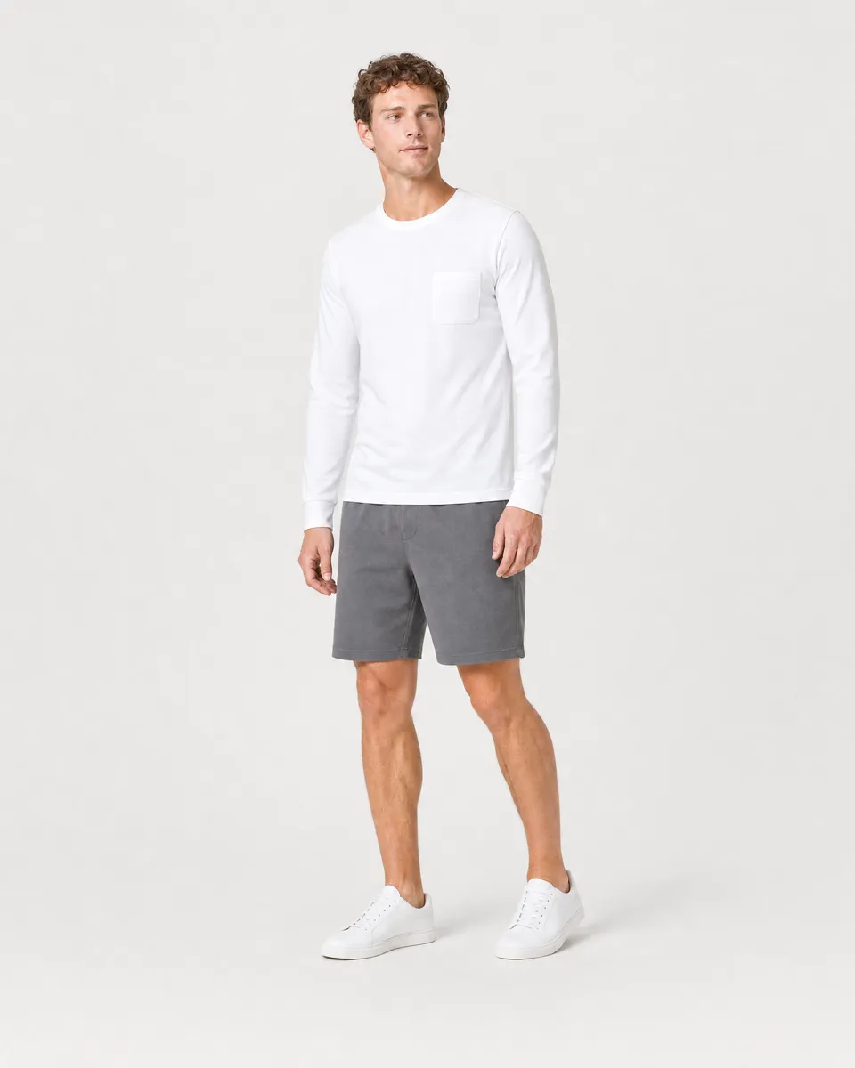 StringKing Men's Pima Jersey Long Sleeve Pocket Tee - Sharp Fit, White, Full Front Angle - Human Model