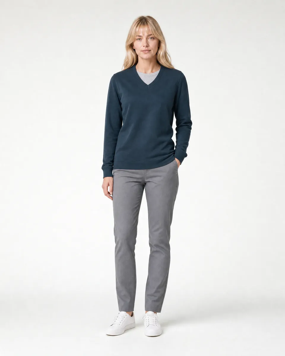 StringKing Women's Pima Terry V-Neck Sweater - Sharp Fit, Navy, Full Front - Human Model