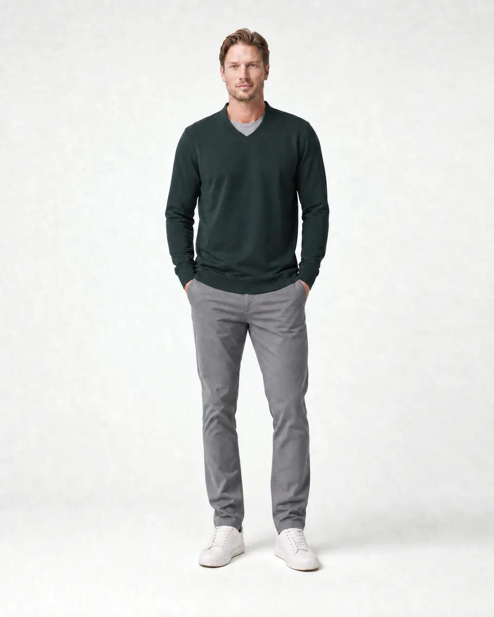 StringKing Men's Pima Terry V-Neck Sweater - Sharp Fit, Pine Grove, Full Front - Human Model