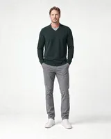 StringKing Men's Pima Terry V-Neck Sweater - Sharp Fit, Pine Grove, Full Front - Human Model