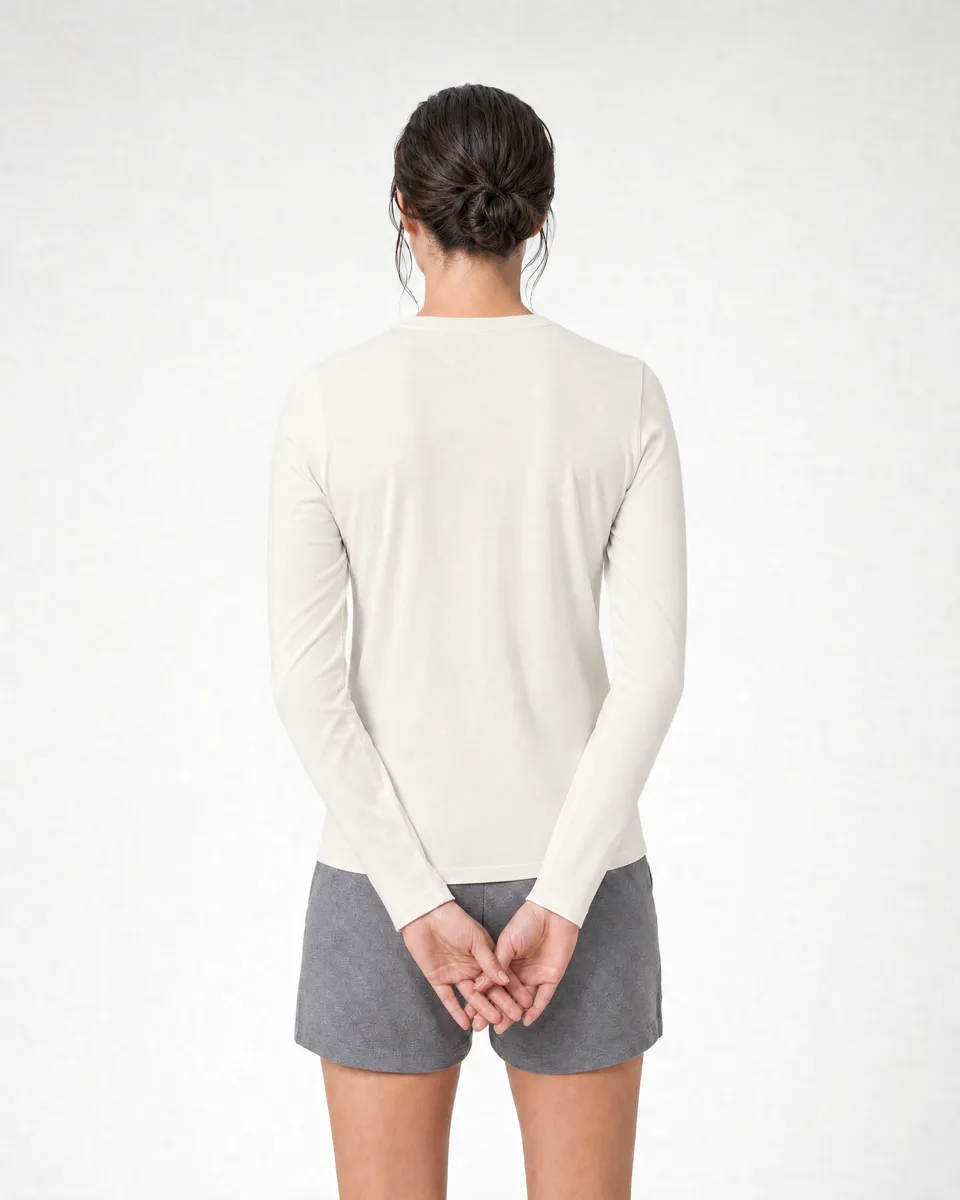 StringKing Women's Pima Jersey Long Sleeve Tee - Sharp Fit, Tofu, Full Back - Human Model - Top of head to Mid-thigh