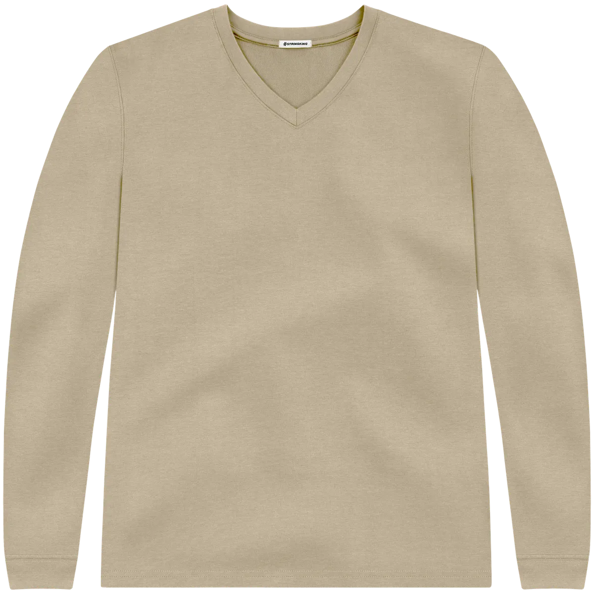 StringKing Men's Heavy Pima Cotton Long Sleeve V-Neck T-Shirt - Sharp Fit, Warm Khaki, Front