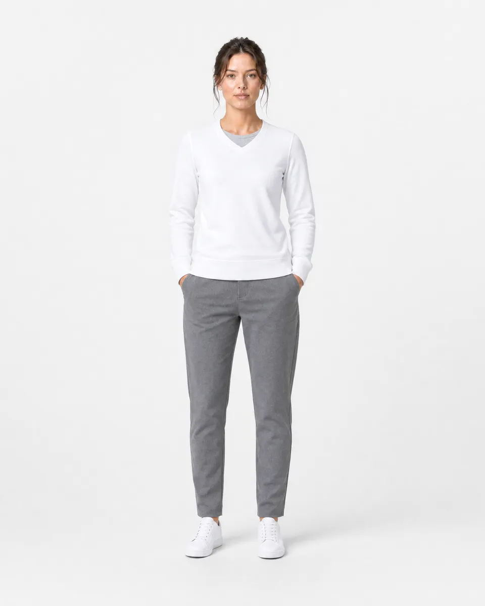 StringKing Women's Pima Terry V-Neck Sweater - Sharp Fit, White, Full Front - Human Model