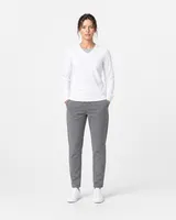 StringKing Women's Pima Terry V-Neck Sweater - Sharp Fit, White, Full Front - Human Model