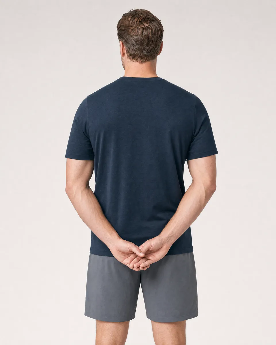 StringKing Men's Pima Terry Tee - Sharp Fit, Navy, Full Back - Human Model - Top of head to Mid-thigh