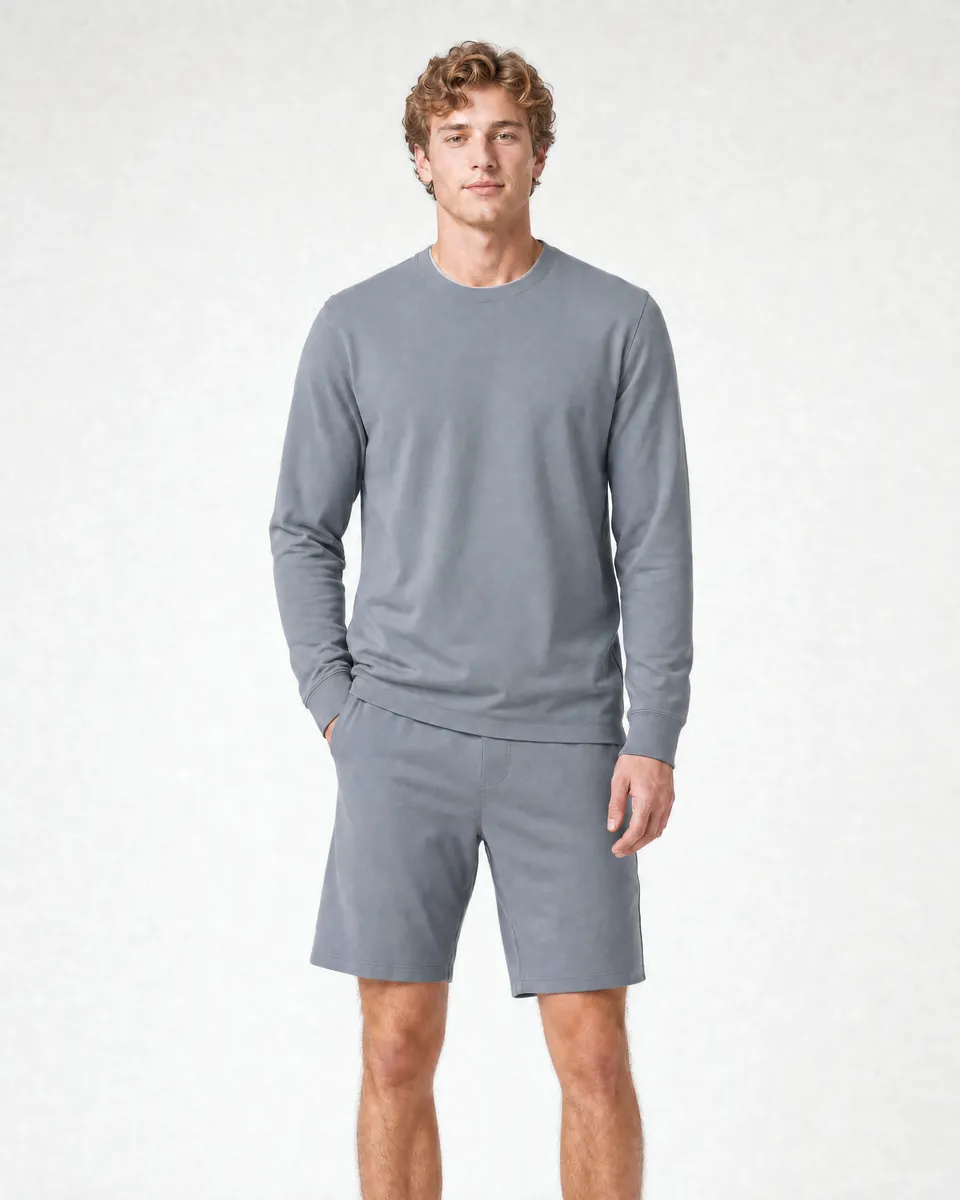 StringKing Men's Pima Terry Long Sleeve Tee - Sharp Fit, Tradewinds, Full Front - Human Model - Top of head to Knees