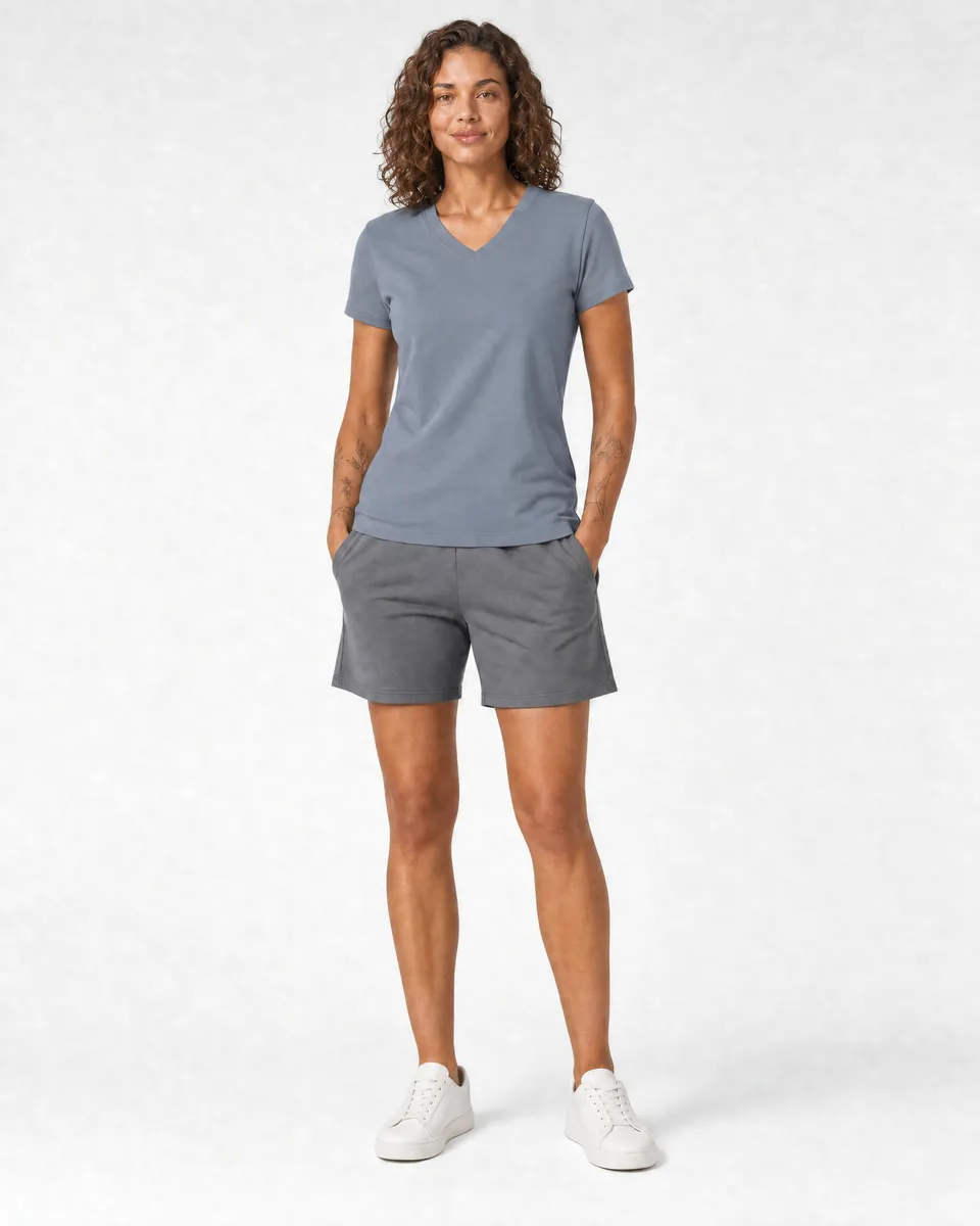StringKing Women's Pima Terry V-Neck Tee - Sharp Fit, Tradewinds, Full Front - Human Model - Top of head to Knees
