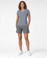 StringKing Women's Pima Terry V-Neck Tee - Sharp Fit, Tradewinds, Full Front - Human Model - Top of head to Knees