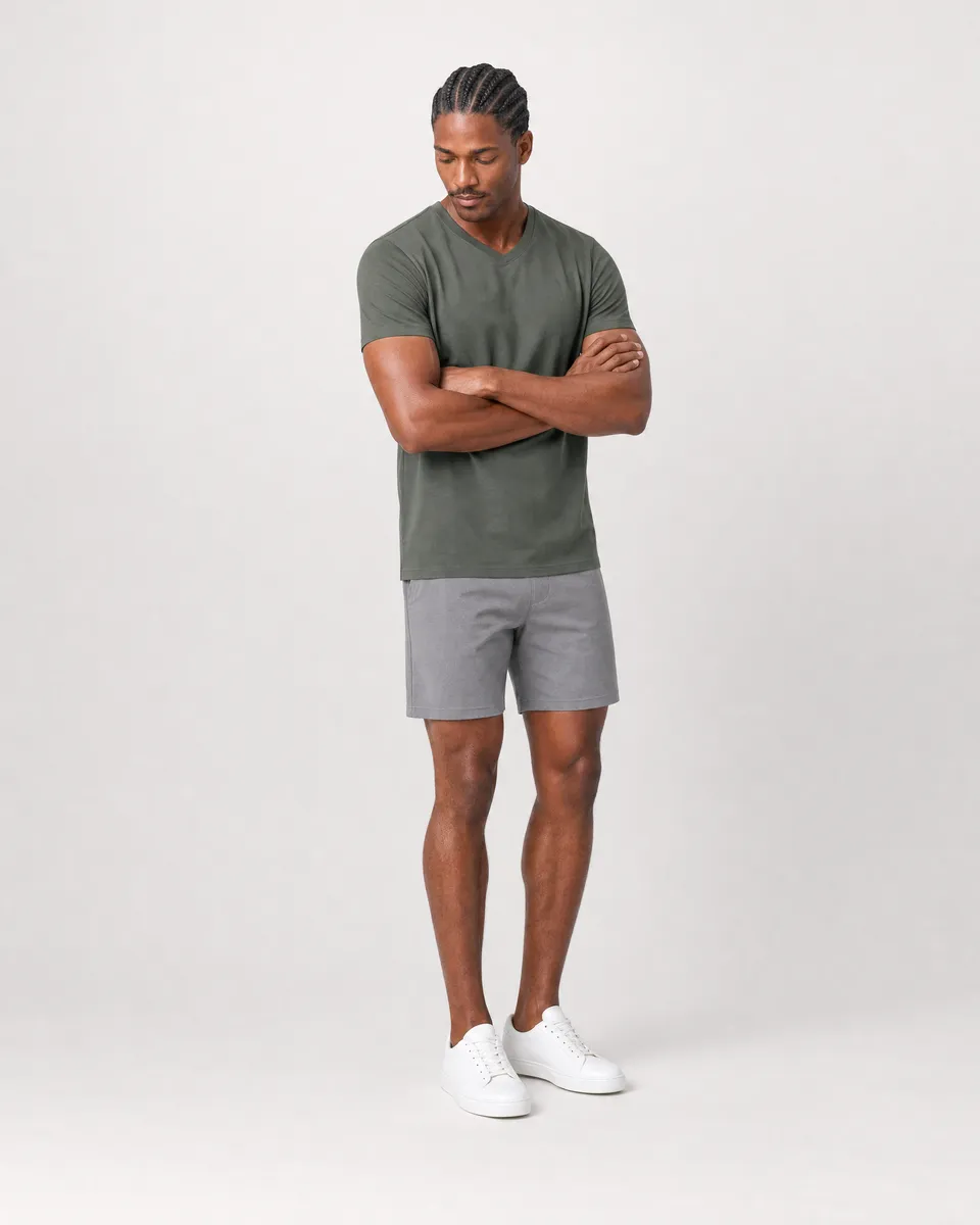 StringKing Men's Pima Jersey V-Neck Tee - Sharp Fit, Moss, Full Front Angle - Human Model