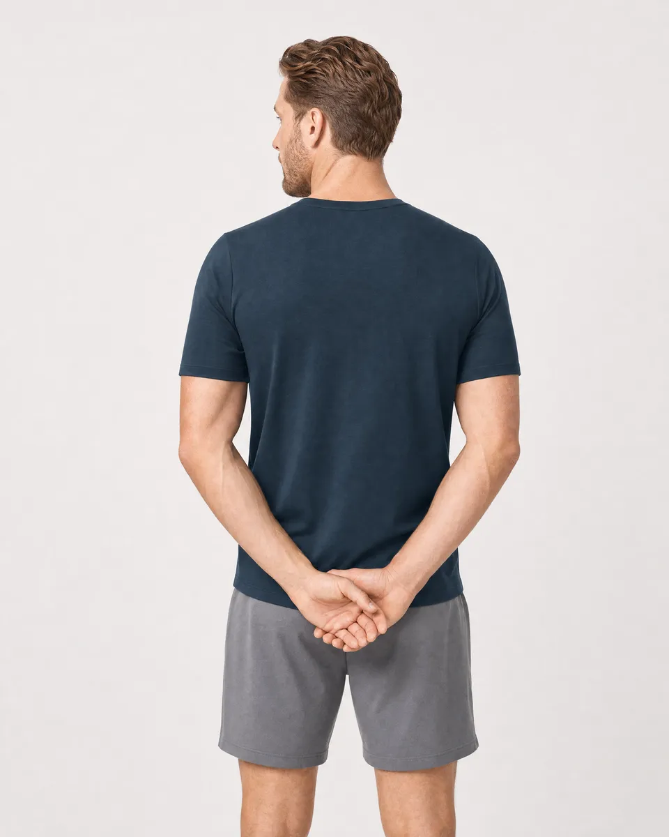 StringKing Men's Pima Terry Tee - Sharp Fit, Navy, Full Back - Human Model - Top of head to Mid-thigh