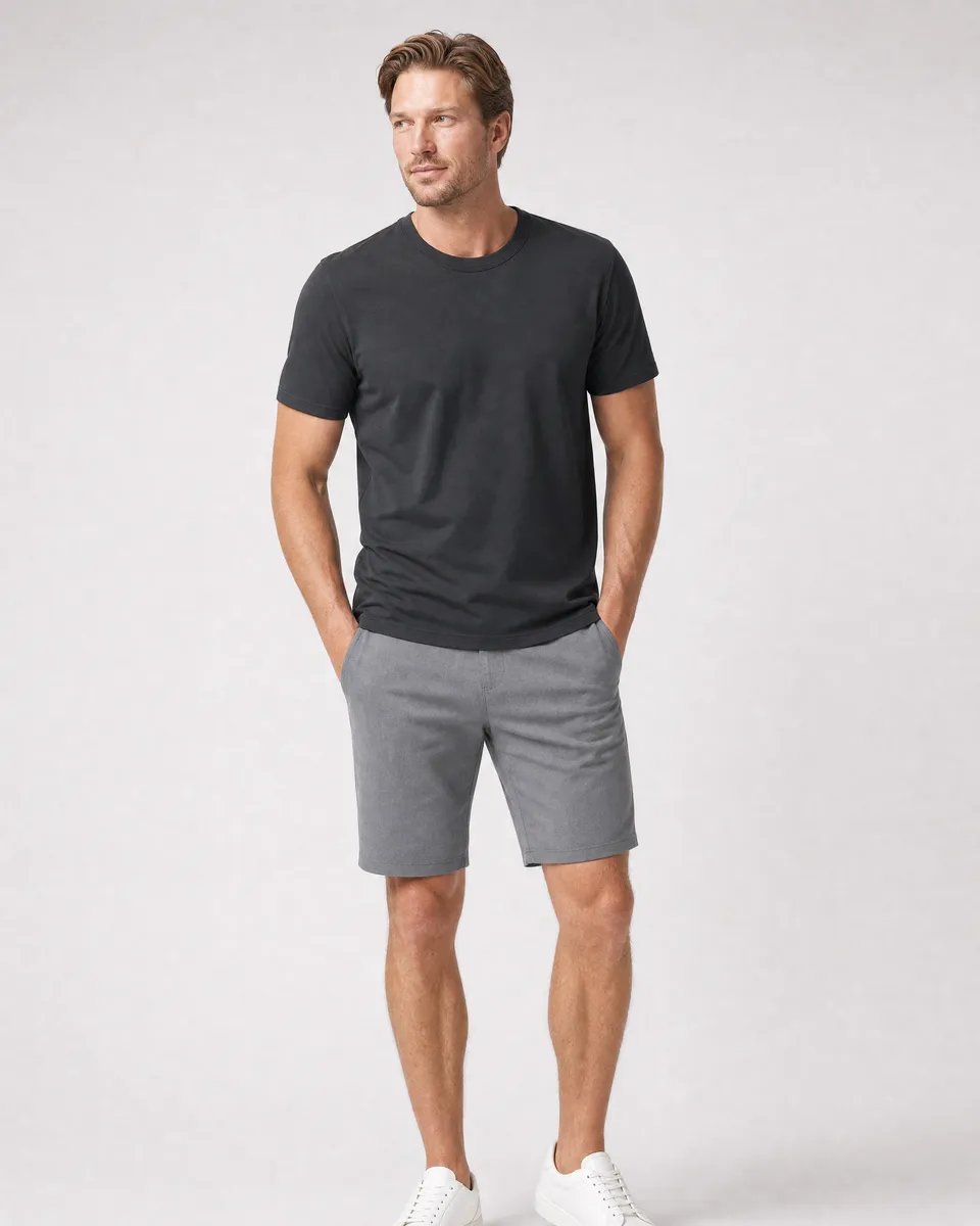 StringKing Men's Pima Terry Tee - Sharp Fit, Black, Full Front - Human Model - Top of head to Knees