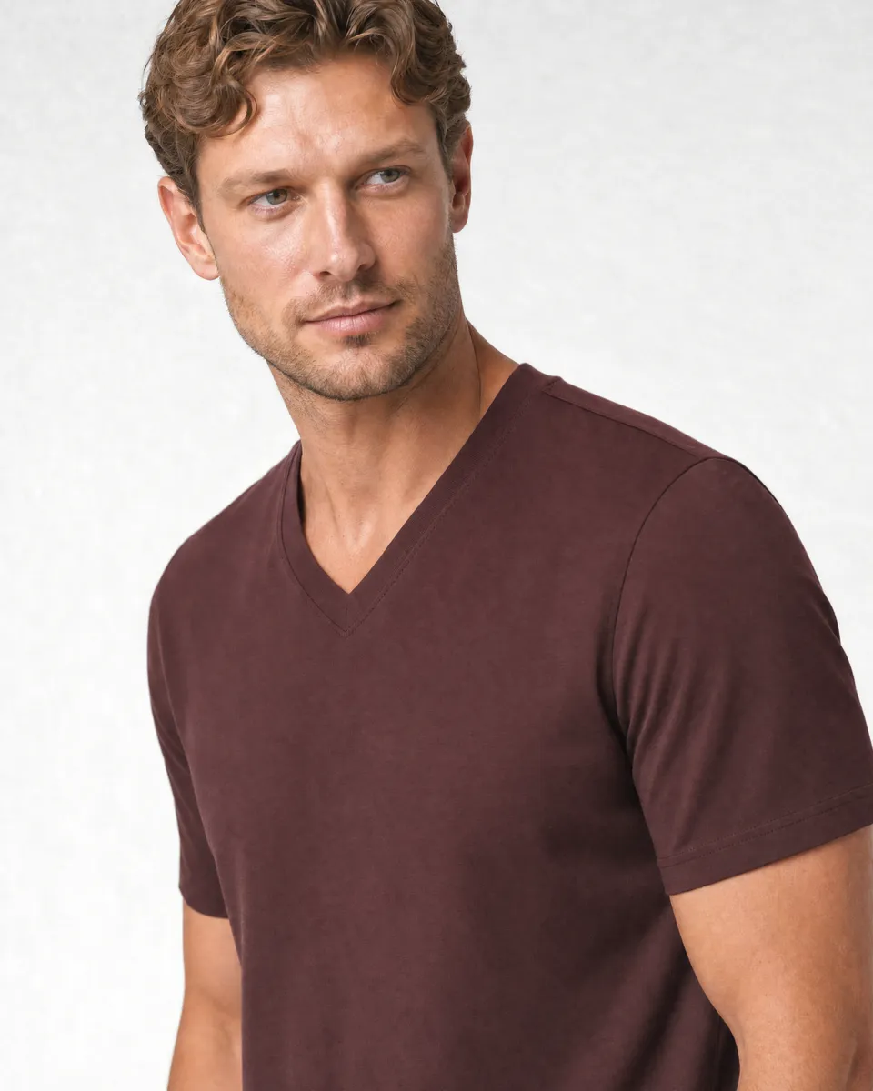 StringKing Men's Pima Jersey V-Neck Tee - Sharp Fit, New Maroon, Collar Shoulder - Human Model