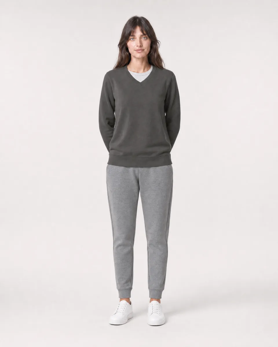 StringKing Women's Pima Terry V-Neck Sweater - Relaxed Fit, Peat, Full Front - Human Model - Top of head to Knees