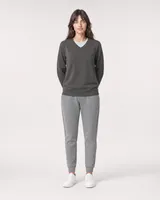 StringKing Women's Pima Terry V-Neck Sweater - Relaxed Fit, Peat, Full Front - Human Model - Top of head to Knees