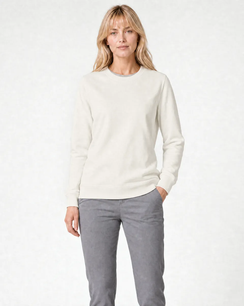 StringKing Women's Pima Terry Crew Sweater - Relaxed Fit, Tofu, Full Front - Human Model - Top of head to Knees
