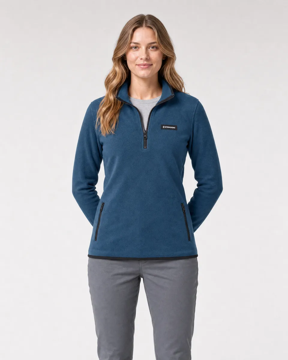 StringKing Women's Polartec Fleece Quarter Zip with Pockets - Sharp Fit, Indian Teal, Full Front - Human Model - Top of head to Knees
