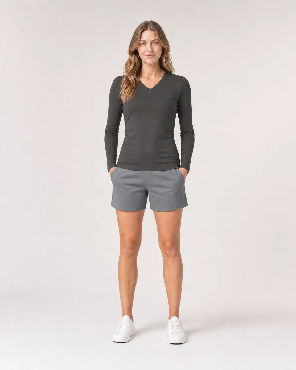 StringKing Women's Pima Jersey Long Sleeve V-Neck Tee - Sharp Fit, Peat, Full Front - Human Model
