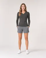 StringKing Women's Pima Jersey Long Sleeve V-Neck Tee - Sharp Fit, Peat, Full Front - Human Model