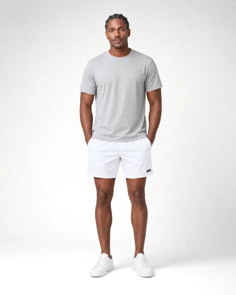StringKing Men's Nylon Flex Shorts - Sharp Fit, White, Full Front - Human Model