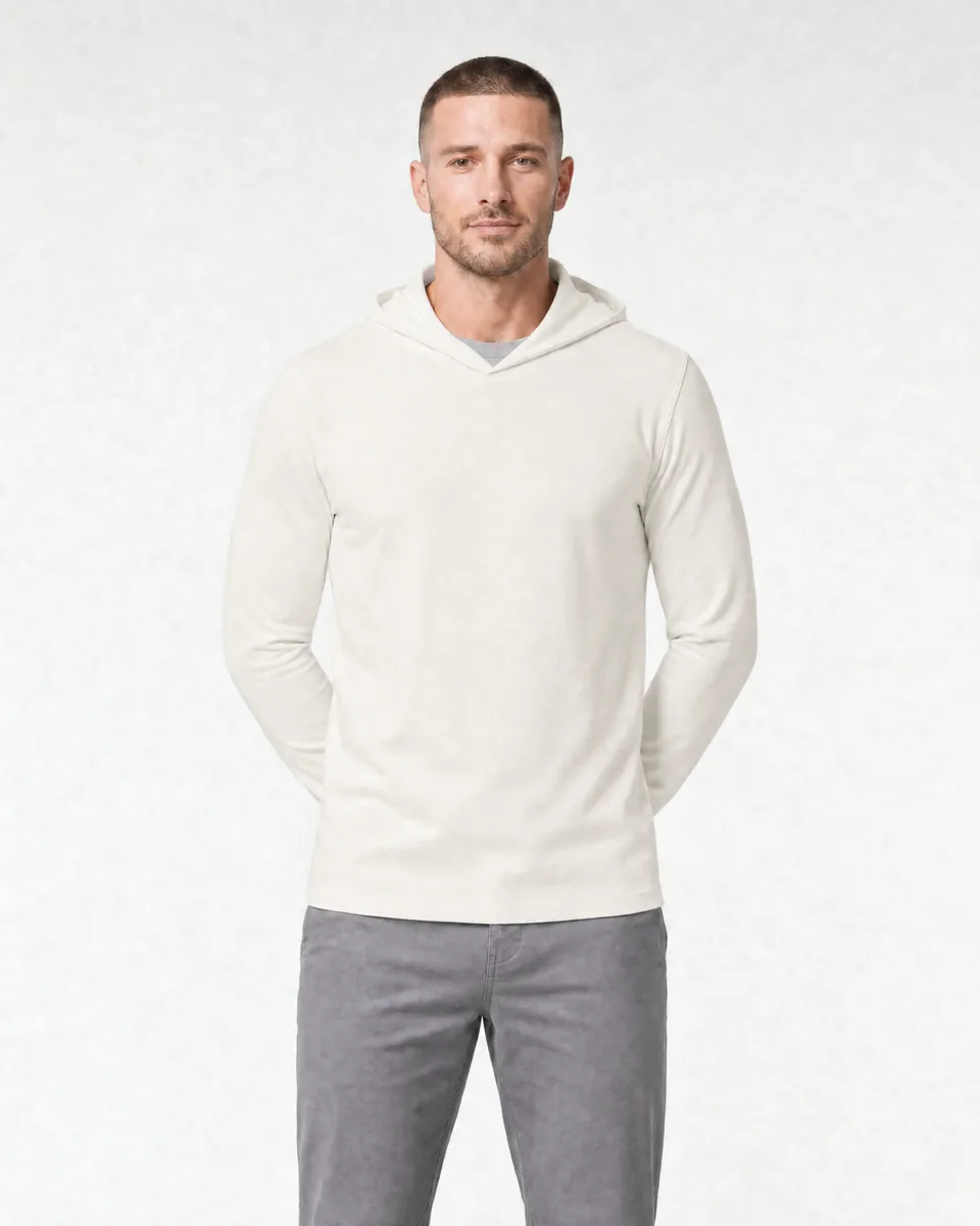 StringKing Men's Pima Jersey Hoodie - Sharp Fit, Tofu, Full Front - Human Model - Top of head to Knees