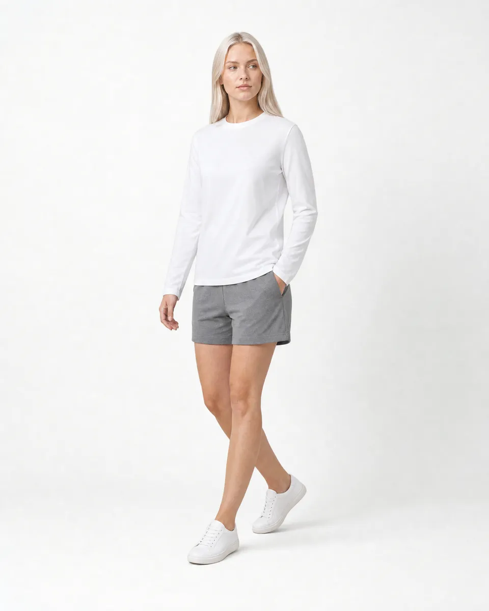 StringKing Women's Pima Jersey Long Sleeve Tee - Relaxed Fit, White, Full Front Angle - Human Model