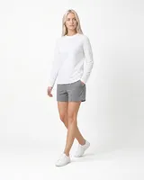 StringKing Women's Pima Jersey Long Sleeve Tee - Relaxed Fit, White, Full Front Angle - Human Model