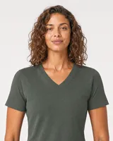 StringKing Women's Pima Terry V-Neck Tee - Sharp Fit, Moss, Collar Shoulder - Human Model