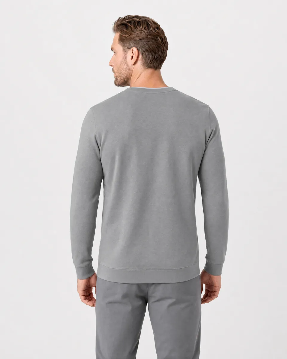 StringKing Men's Pima Terry Henley - Sharp Fit, Frost Gray, Full Back - Human Model - Top of head to Mid-thigh