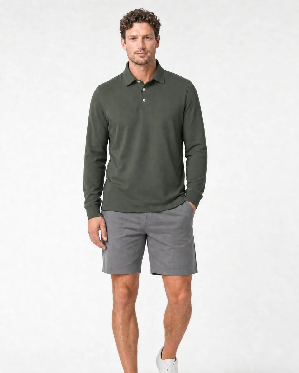 StringKing Men's Pima Jersey Long Sleeve Polo - Sharp Fit, Moss, Full Front - Human Model - Top of head to Knees