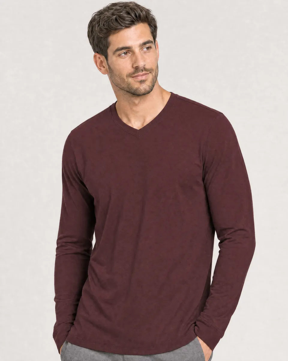 StringKing Men's Pima Jersey Long Sleeve V-Neck Tee - Sharp Fit, New Maroon, Collar Shoulder - Human Model