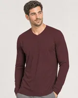 StringKing Men's Pima Jersey Long Sleeve V-Neck Tee - Sharp Fit, New Maroon, Collar Shoulder - Human Model