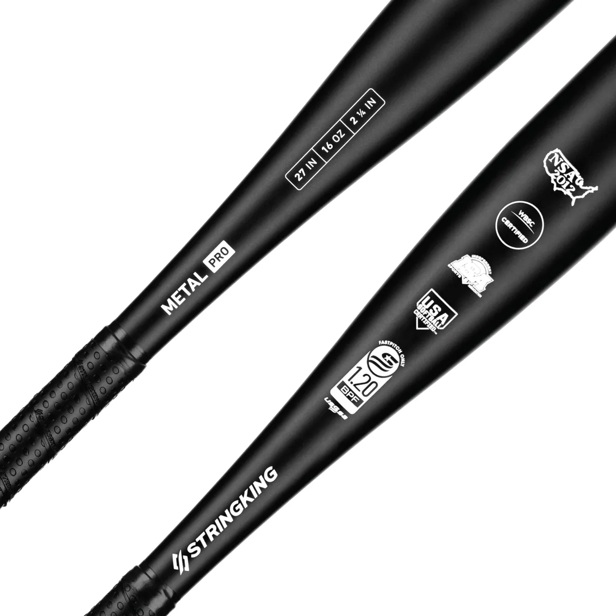 StringKing Metal Pro Fastpitch - Drop 11, 27", Black, Bat Details, Angled